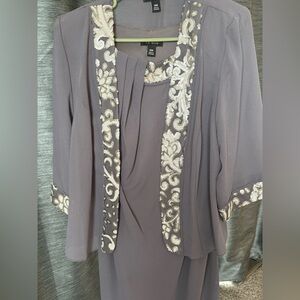 Elegant Gray Midi Dress with Embroidered Jacket